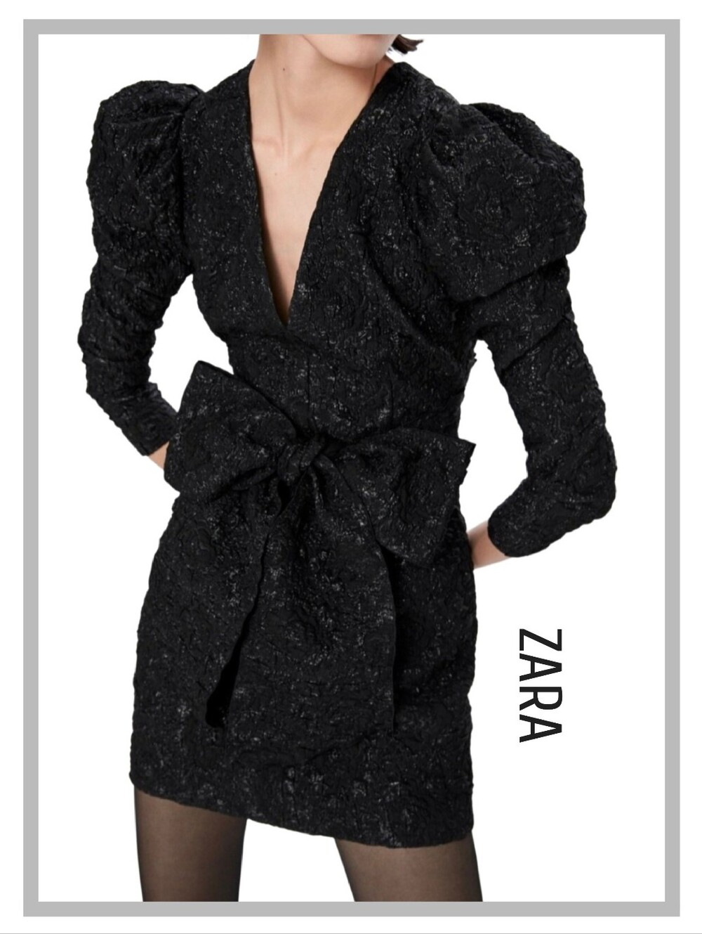 ZARA Black Textured Puff-Sleeve Mini Dress with Bow Size Small